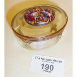 Fine antique French bevelled glass box with figural enamel panel to lid, approx. 6.5cm long