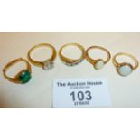Five 9ct gold rings set with various stones, total weight approx. 11g.