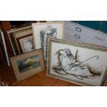 Seven various framed drawings, watercolour and prints