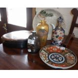 Japanese silver design vase, signed, an Imari dish, a lacquer box and three other oriental items