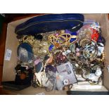 Box of costume jewellery, inc. silver thimbles, pearl necklace etc.