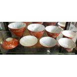 Chinese coral ground porcelain bowls and covers (5)