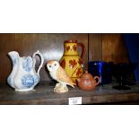 Beswick china owl, Bristol blue glass, glass washer, two wine glasses, etc.