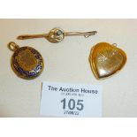 One 9ct gold heart shaped locket, another engraved and enamelled, and a 9ct gold Edwardian bar