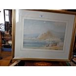 Watercolour of a beach scene with fishing boat and net menders, titled verso "off the Italian