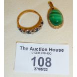 9ct gold malachite pendant or fob charm, and a 9ct gold ring set with blue and white stones,