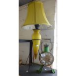Vintage painted metal Chrometron mantle clock and a mid-century style crackle glass table lamp on