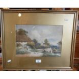 Watercolour of a cottage, church and river by A. Mills, 21" x 17" inc. frame