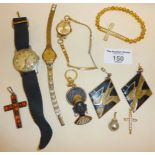 Vintage Aria, B. Jobin and Chateau wrist watches, amber and silver crucifix, with other jewellery