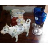 19th c. Staffordshire Toby Jug, pair of Bristol blue glass wine glasses and a china cow creamer