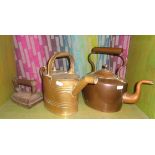 Brass hot water can, Victorian copper teapot and a flat iron