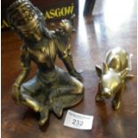 Chinese cast gilt Guanyin buddha figure and an Indian brass cow