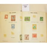 1930's schoolboy stamp album, with stamps grouped into themed pages, such as Reptiles and Marine