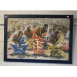 Chris CHARWAY XX a gouache painting of figures in tribal costume, 23" x 33" overall, signed and