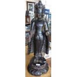 Large Chinese painted and gilded wooden standing buddha figure, some damage - 70cm tall