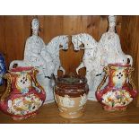 Pair of Staffordshire Flatbacks, Doulton stoneware tobacco jar and a pair of Continental majolica