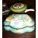 Hand painted porcelain trinket box with cross swords mark and another similar with handle by