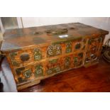 Ornate Japanese Meiji oak sewing or artist's box with three drawers and pierced engraved bronze
