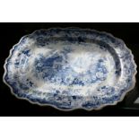 Large 19th c. blue and white transfer printed meat platter in the Lucerne pattern