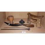 Tribal Art - African chief's stool, horn spoons and three other items