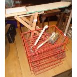 Child's wooden ironing board, a copper and wood washing dolly and wirework office rack, etc.