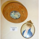 Regency watercolour portrait miniature of a gentleman, and an antique Sorrento Ware inlaid photo