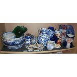 Shelf of assorted Victorian ceramics, inc. Toby jugs, blue and white transfer, Masons Ironstone