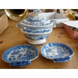 Pair of 19th c. pearlware blue and white dishes and a small blue and white transfer decorated tureen