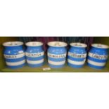 Five T.G. Green Cornishware storage jars with lids (1 lid A/F)