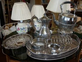 Silver plated kettle on stand, tea set, oval galleried tray, toast rack and two dishes