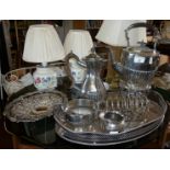 Silver plated kettle on stand, tea set, oval galleried tray, toast rack and two dishes