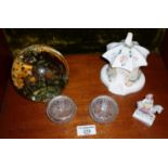 Victorian Nailsea glass dump, a cottage pastille burner, pair of silver rimmed cut glass salts,