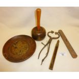 Collection of old tools etc., inc. lignum vitae woodworking mallet, an old brass quill cutter or ink