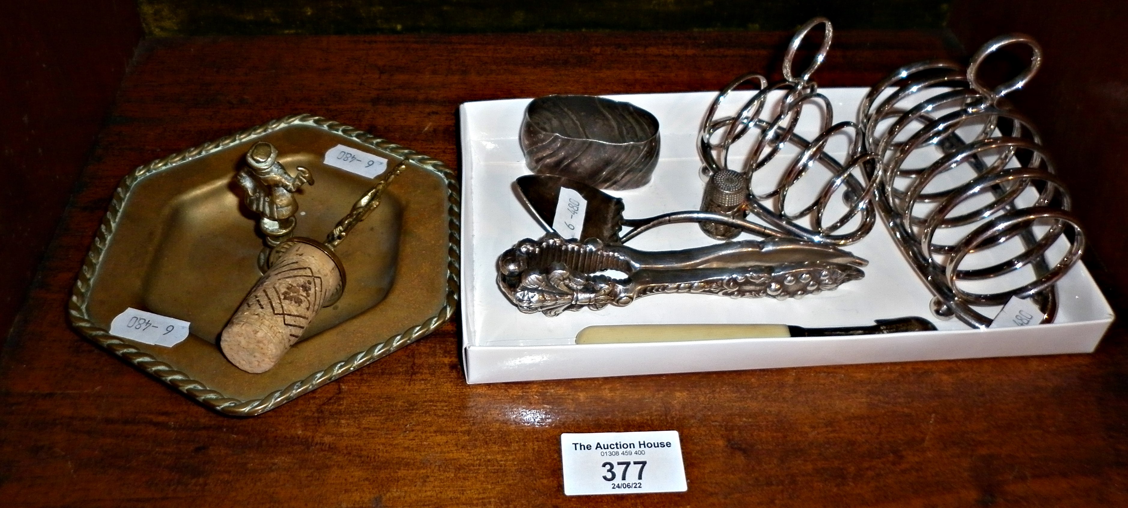 John Bull? brass ashtray, silver-plated toastracks and utensils, inc. patented orange peeler
