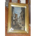 Victorian oil on board of a town scene titled "a bit of old Kingston" unsigned, 14" x 10"