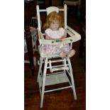 Doll's painted wood highchair/play pen with a 1930's fabric doll