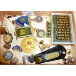 Box of assorted inc. thimbles (some silver), masonic medals (one hallmarked silver), an HMV