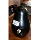 19th c. ebonised wood pear shaped tea caddy with key, lined, 7" high