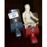 Vintage Vespa Lambretta Mettoy friction toy scooter x 2, with one rider, c. 1950's