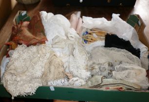 Quantity of assorted old lace and lacework with bobbins