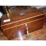 Georgian cross banded rosewood tea caddy with glass mixing bowl and key