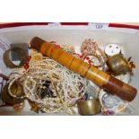 Assorted costume jewellery, with antique treen painted pen case with integral ink pot, and other