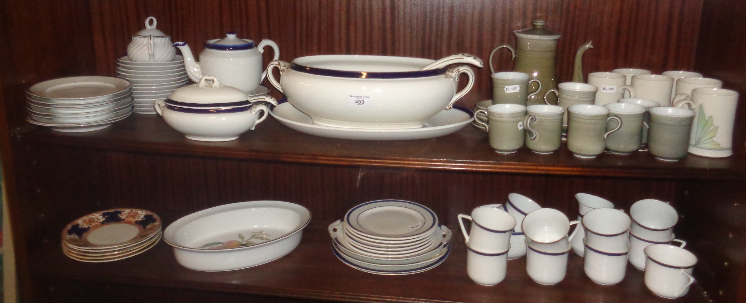 Large china tureen with ladle, smaller similar and other china (2 shelves)