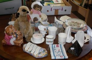 Royal Winton chintz toast rack, various china plates, two soft toys and other ornaments, etc.