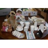 Royal Winton chintz toast rack, various china plates, two soft toys and other ornaments, etc.