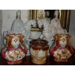 Pair of Staffordshire Flatbacks, Doulton stoneware tobacco jar and a pair of Continental majolica