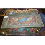 Folk Art carved and painted pine salt box having oil painted night time town scene under lid