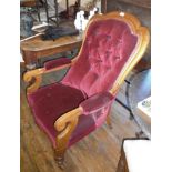 Victorian scroll arm button back open armchair