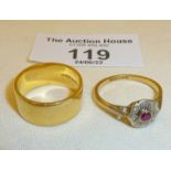 18ct gold wedding band approx. UK size L, and an 18ct gold and platinum ring with red stone