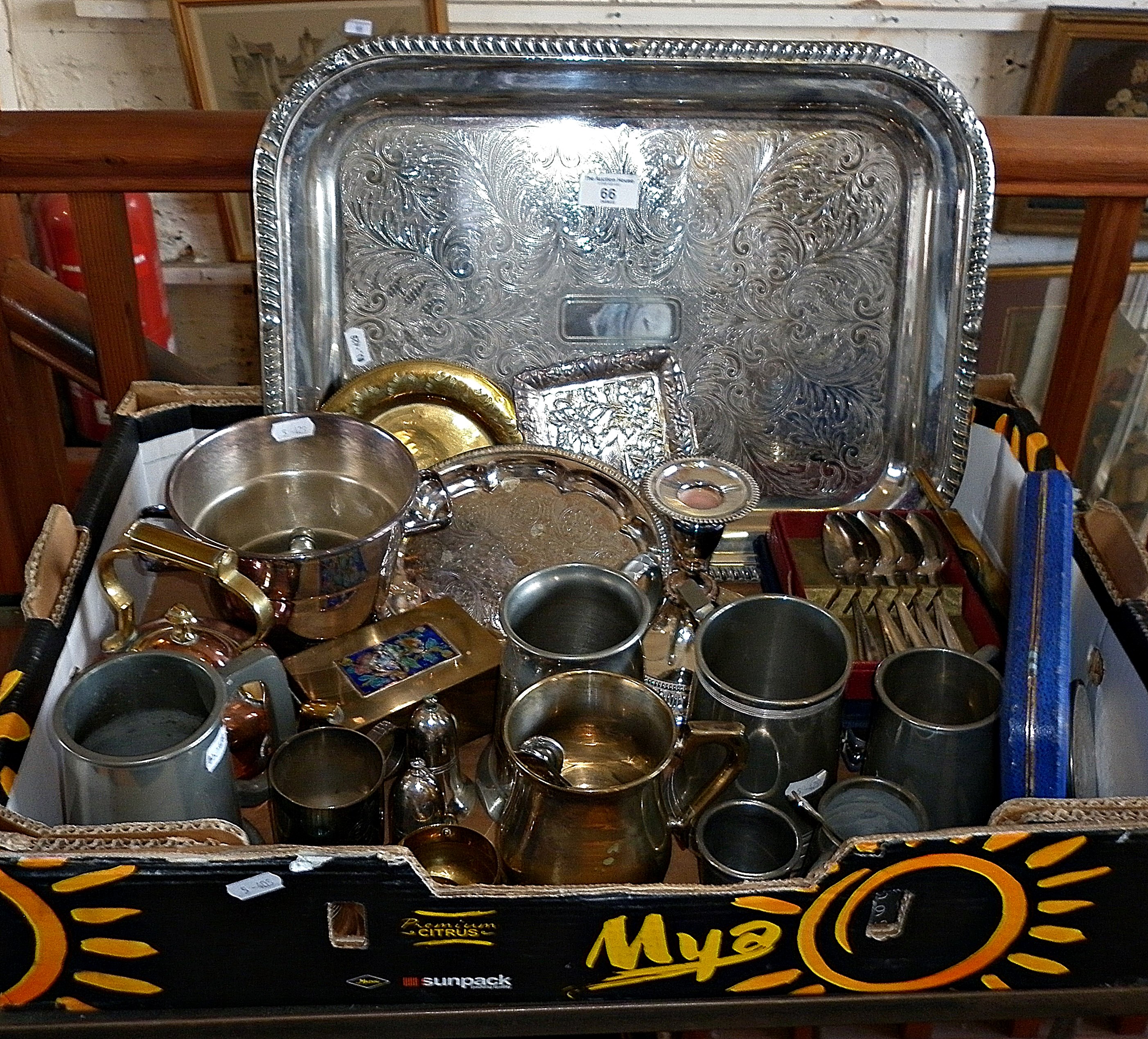 Assorted silver plate and pewter tankards, etc.